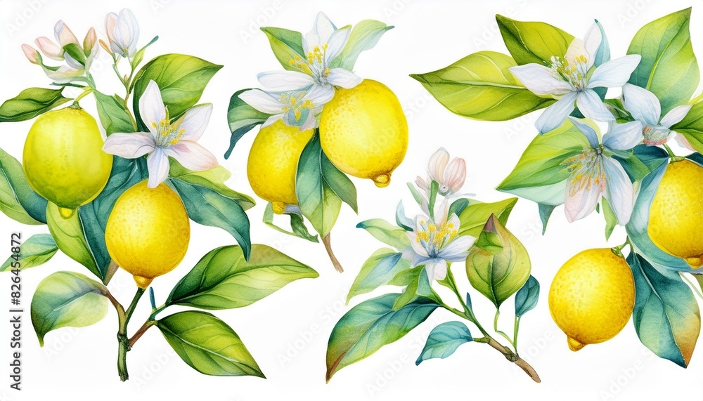 Set off Blooming lemon branches on an isolated white background, watercolor illustration, botanical painting Set off Blooming lemon branches on an isolated white background, watercolor illustration, botanical painting
