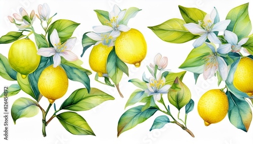 Set off Blooming lemon branches on an isolated white background, watercolor illustration, botanical painting © Zaheer