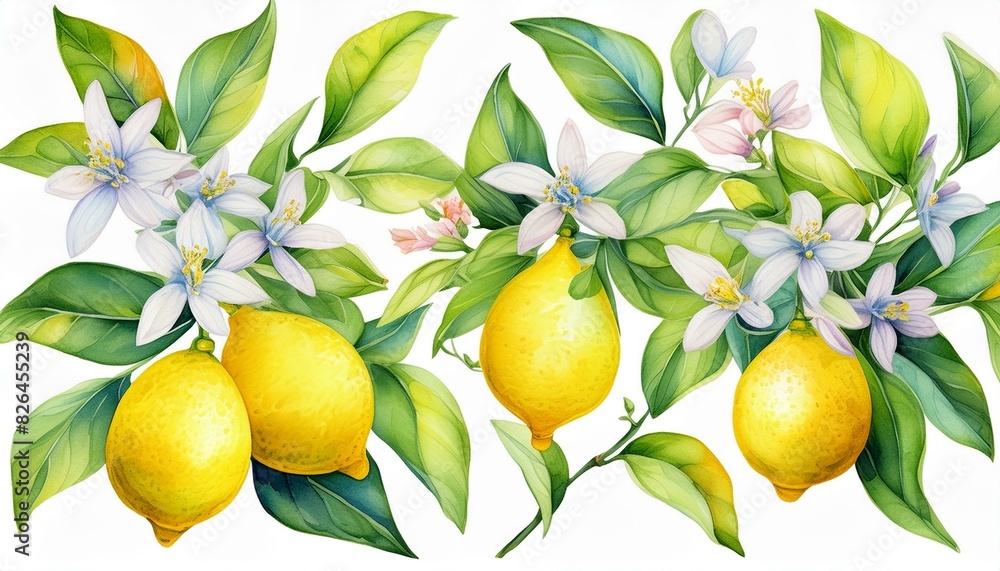 Set off Blooming lemon branches on an isolated white background, watercolor illustration, botanical painting