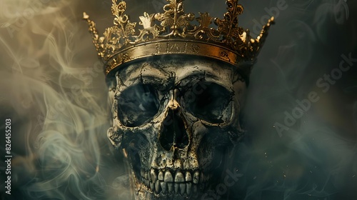 ominous skull adorned with a golden crown symbolizing the fleeting nature of power and mortality