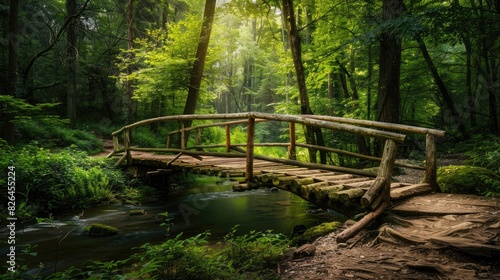 A wooden footbridge traversing a tranquil stream  surrounded by lush forest scenery.