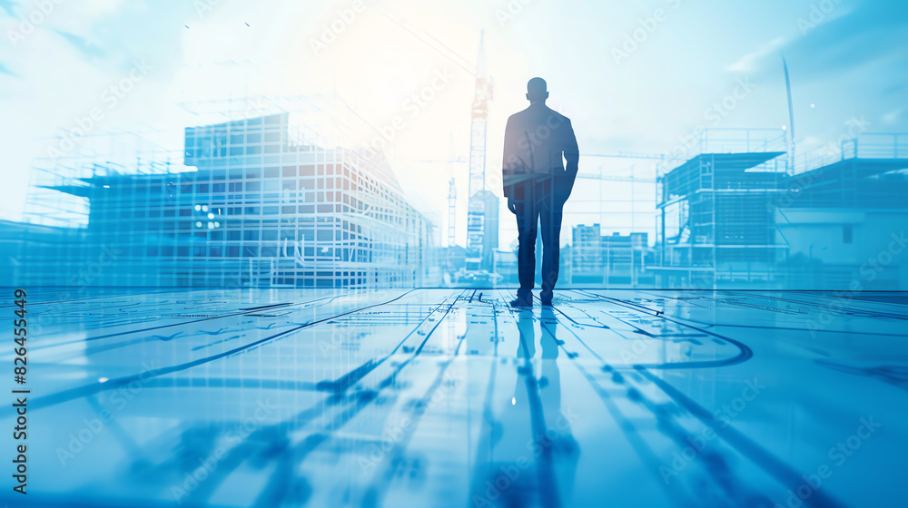 Obraz premium architectural composition, structural design, aesthetic form, innovative construction, close up, focus on, copy space, Double exposure silhouette with blueprints