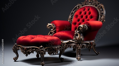 A traditional, ornate armchair with a matching footstool and velvet upholstery photo