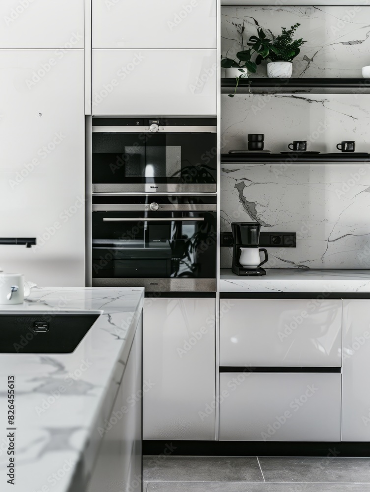 Modern open kitchen with white cabinets, black walls and grey marble floors. The countertop is light gray stone with an oven in the middle. There are also wooden elements on one side of the wall. On t