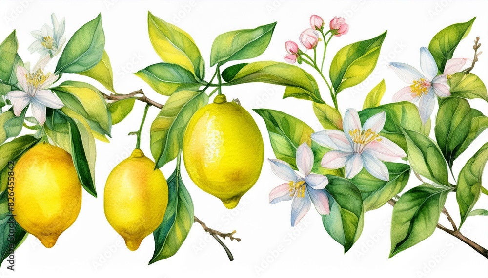 Set off Blooming lemon branches on an isolated white background, watercolor illustration, botanical painting Set off Blooming lemon branches on an isolated white background, watercolor illustration, botanical painting