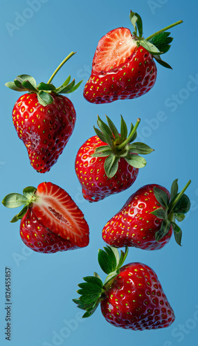 Six fresh strawberries, some halved to expose their juicy cores, capture the essence of this sweet fruit. The vibrant, natural colors and textures are highlighted beautifully with AI generative.