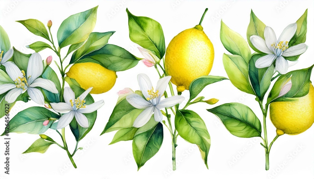 Set off Blooming lemon branches on an isolated white background, watercolor illustration, botanical painting Set off Blooming lemon branches on an isolated white background, watercolor illustration, botanical painting
