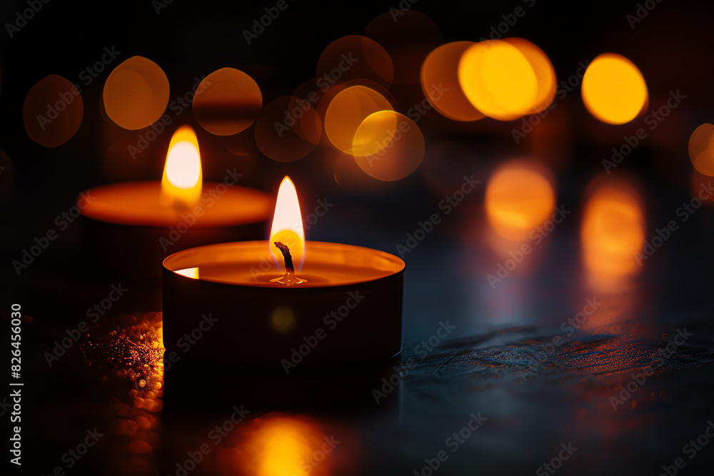 candlelight in a dark room, warm glow, intimate setting, soothing ambiance, close up, focus on, copy space, Double exposure silhouette with flame candlelight in a dark room, warm glow, intimate setting, soothing ambiance, close up, focus on, copy space, Double exposure silhouette with flame