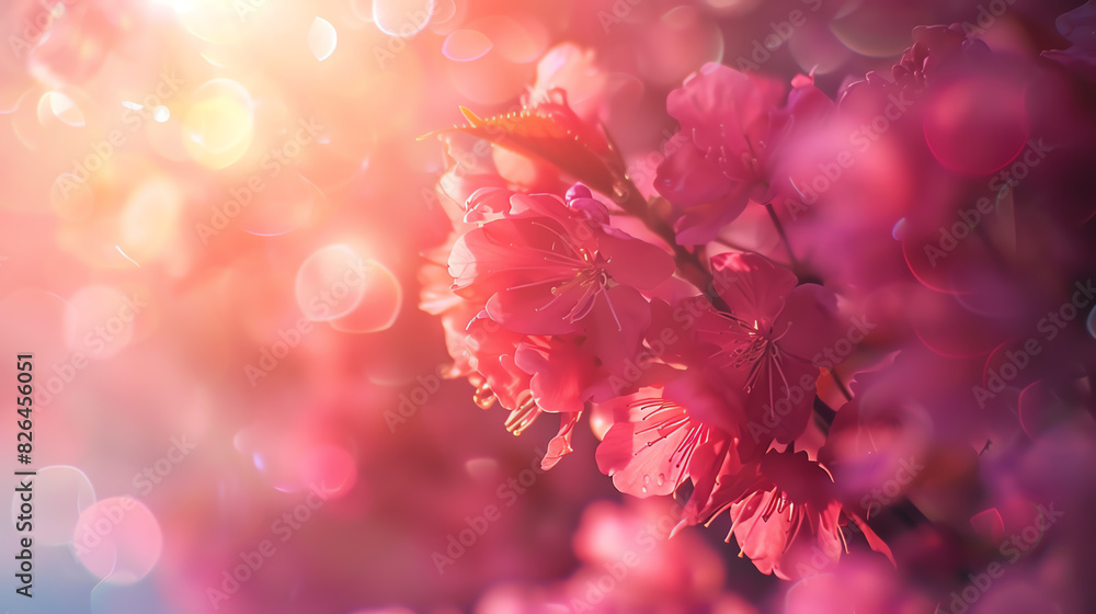 blossoming cherry tree, vibrant pink flowers, springtime beauty, peaceful scene, close up, focus on, copy space, Double exposure silhouette with petals blossoming cherry tree, vibrant pink flowers, springtime beauty, peaceful scene, close up, focus on, copy space, Double exposure silhouette with petals