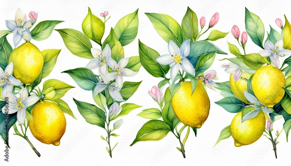 Set off Blooming lemon branches on an isolated white background, watercolor illustration, botanical painting Set off Blooming lemon branches on an isolated white background, watercolor illustration, botanical painting