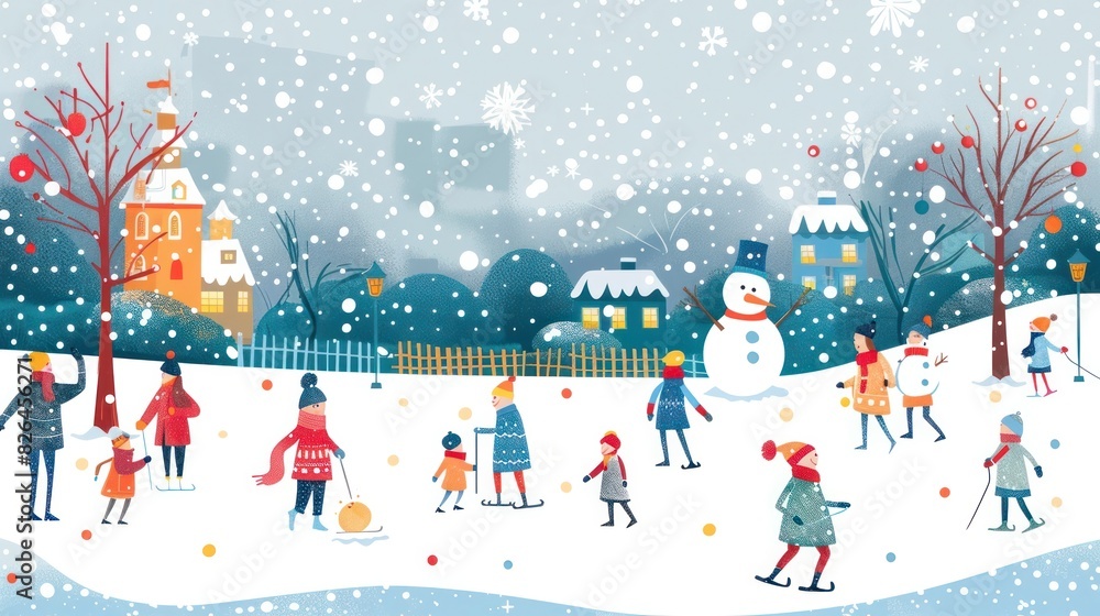 Winter Wonderland Children Building Snowmen and Ice Skating in a Festive Outdoor Scene