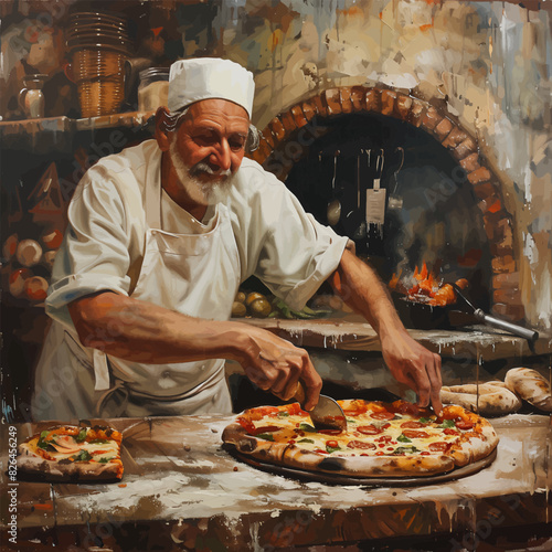 pizzaiolo experienced pizza chef slicing a freshly baked pizza in a rustic kitchen with a wood-fired oven. Generative ai vector illustration. Pop art comic book style imitation