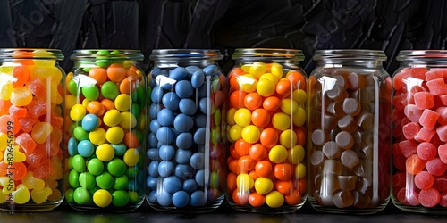 Various colorful candies displayed in transparent jars creating a vibrant display. Concept Rainbow Candy Display, Colorful Candy Jars, Vibrant Sweet Treats photo