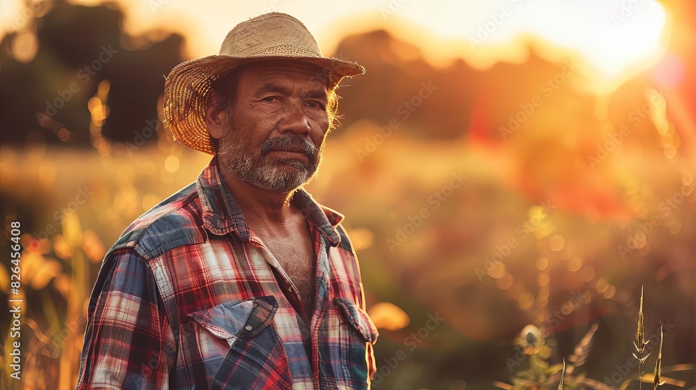 Obraz premium proud heritage indigenous farmer standing in sunlit field powerful portrait photography cultural diversity concept