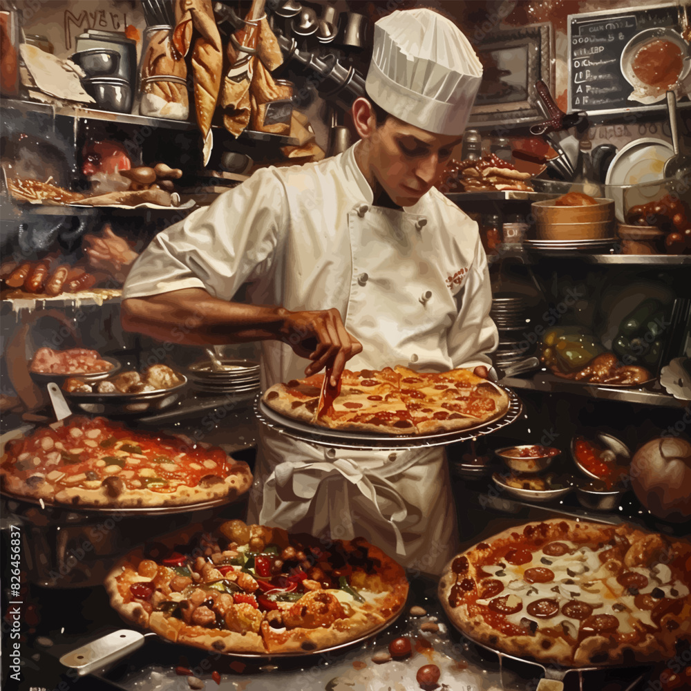 pizzaiolo chef preparing various gourmet pizzas in a busy kitchen, surrounded by fresh ingredients and cooking utensils. Generative ai vector illustration. Pop art comic book style imitation pizzaiolo chef preparing various gourmet pizzas in a busy kitchen, surrounded by fresh ingredients and cooking utensils. Generative ai vector illustration. Pop art comic book style imitation