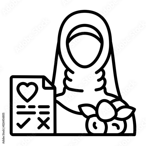 Taking Bridal Consent for Marriage concept, Hijabi Girl and Nikah process vector outline icon, Muslim marriage Symbol, Islamic wedding customs Sign, Pakistani matrimony stock illustration photo