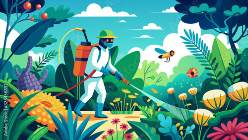Exterminator Spraying Pesticides in Colorful Cartoon Jungle