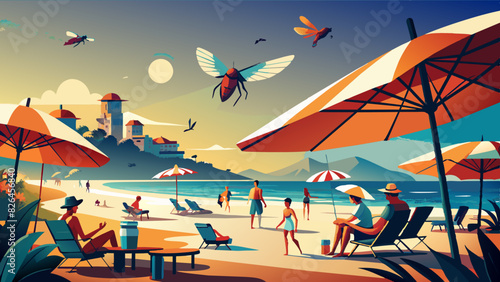 Giant Insects Invade a Tranquil Beach Resort Scene
