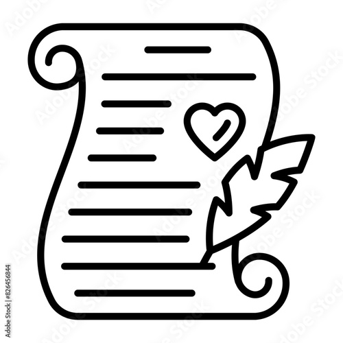 signing a marriage certificate with pen concept, Peacock Feather Nikah Nama Paper vector outline icon, Muslim marriage Symbol, Islamic wedding customs Sign, Pakistani matrimony illustration