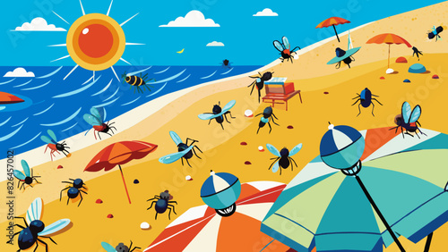 Cartoon Beach Invasion by Giant Mosquitoes in Summer photo