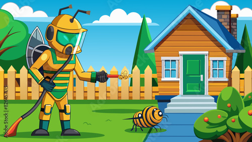 Cartoon Exterminator in Protective Gear Spraying Pest Beside House