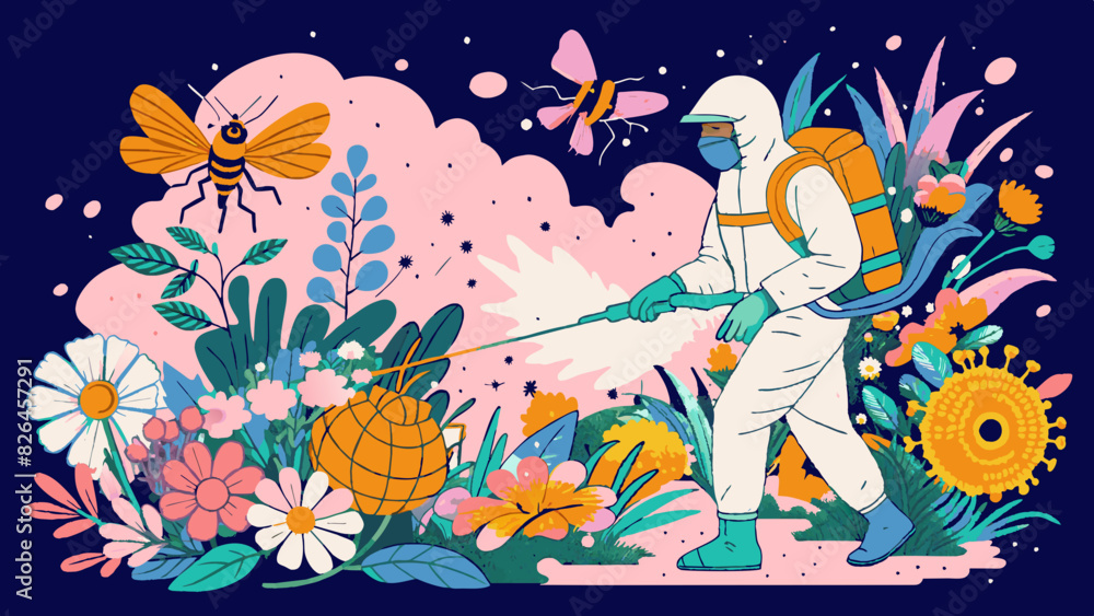 Fototapeta premium Vibrant Beekeeper Tending to Garden with Bees and Flowers Illustration