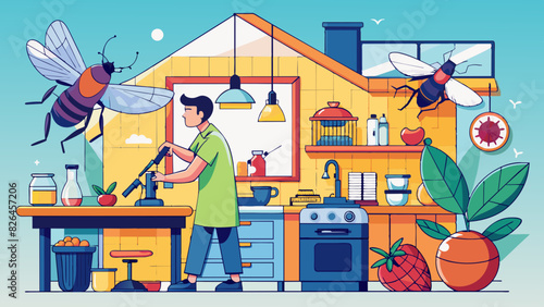 Colorful Illustration of Man Cooking in Kitchen Invaded by Giant Bees