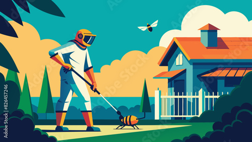 Cartoon Pest Control Professional Spraying in Suburban Backyard