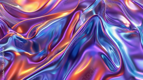 Background with fluid smooth chrome liquid texture waves, motion holographic effect wallpaper or banner