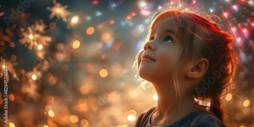 Young Girl in Awe of Dazzling Fireworks Display Captivated by Ethereal Brilliance and Wonder