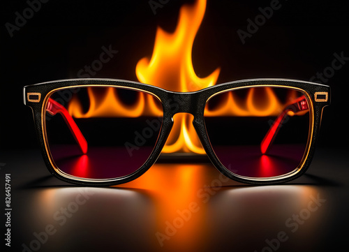 glasses on a black background with fire in the background