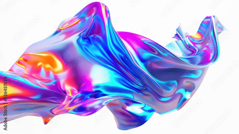 Fototapeta premium Background with fluid smooth chrome liquid texture wavy shape isolated on white, motion holographic effect