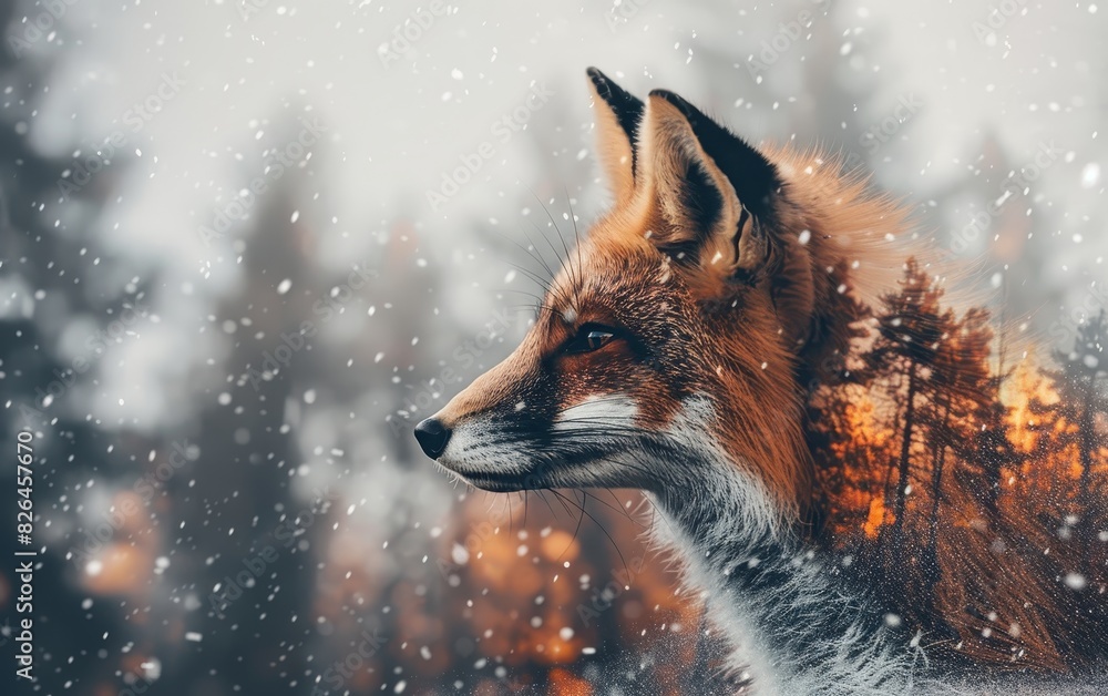 Fototapeta premium A majestic fox in a snowy forest with a double exposure effect, blending nature and wildlife in a mesmerizing scene.