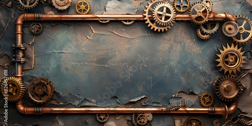 Intricate Steampunk Mechanical Frame with Industrial Copper Pipes and Gears on Aged Paper Background