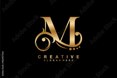 M letter logo with luxury gold floral ornament. M monogram logo, M typography. suitable for business logos, companies, beauty, fashion, boutiques, etc