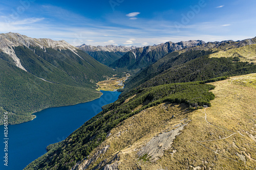 Aerial view of Rotoiti lake with Bushline hut, St Arnaud, New Zealand.