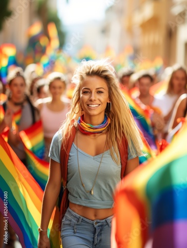 A smiling woman walks in a pride parade, surrounded by rainbow flags and cheering people.