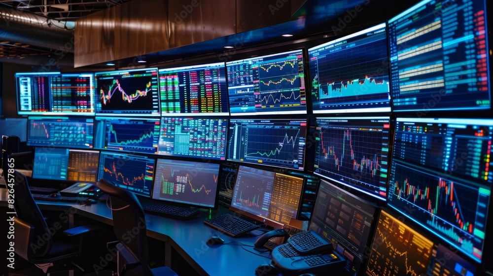 Numerous computer screens displaying data and information in a high-tech room setting. Numerous computer screens displaying data and information in a high-tech room setting.