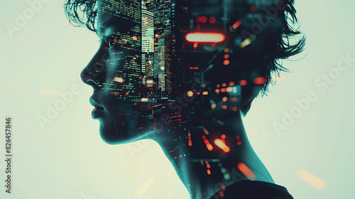 digital art creation, futuristic design, imaginative visuals, technological innovation, close up, focus on, copy space, Double exposure silhouette with screens