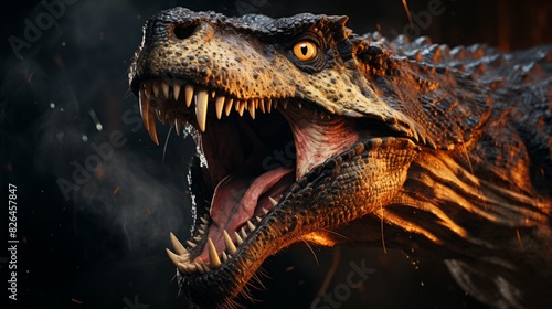 Dinosaur head with open mouth on dark background.