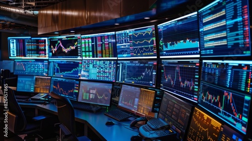 Numerous computer screens displaying data and information in a high-tech room setting.