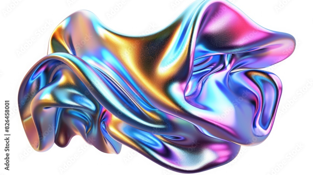 Obraz premium Background with fluid smooth chrome liquid texture wavy shape isolated on white, motion holographic effect