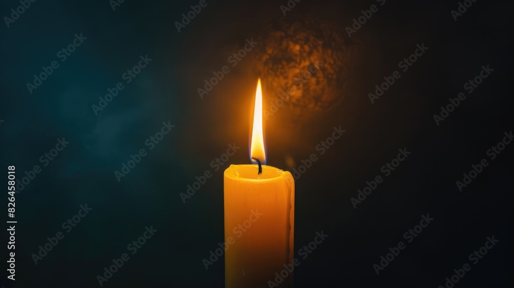 A single illuminated candle flickering against a velvety black background, casting a warm glow. A single illuminated candle flickering against a velvety black background, casting a warm glow.