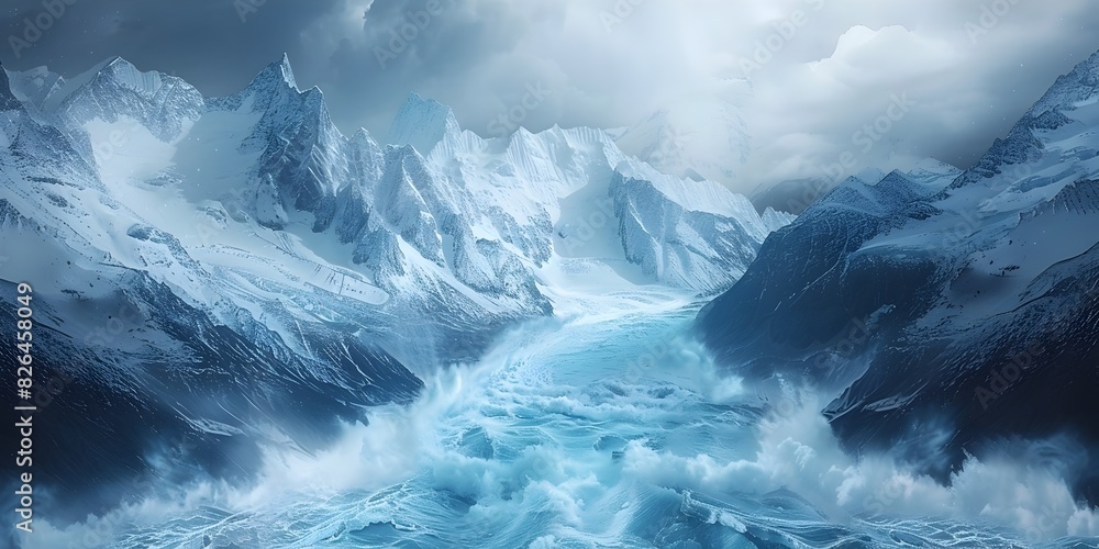 Majestic Glacier Flowing Between Towering Mountain Peaks in Icy Dynamic Landscape Majestic Glacier Flowing Between Towering Mountain Peaks in Icy Dynamic Landscape
