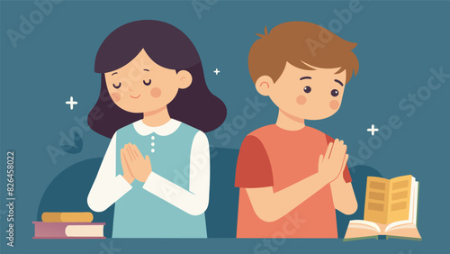 A boy and girl hold hands and bow their heads in prayer before beginning the scripture memory contest asking for Gods help in remembering all the. Vector illustration