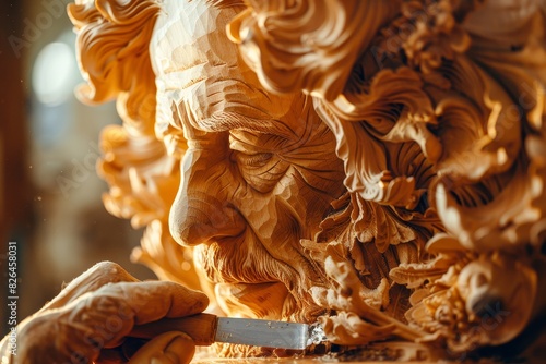 Close-up of a detailed wood carving depicting an elderly man's face, showcasing intricate craftsmanship and artistic skill in fine woodworking. photo