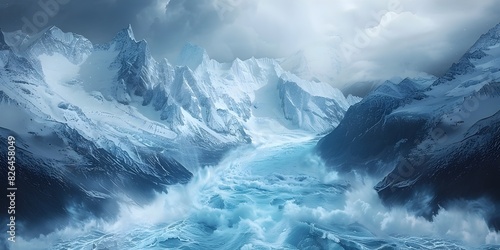 Majestic Glacier Flowing Between Towering Mountain Peaks in Icy Dynamic Landscape photo