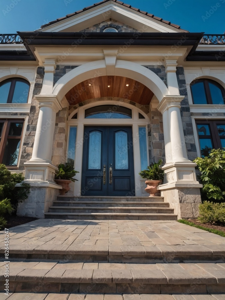Grand entrance of a high-end home against a blue sky.