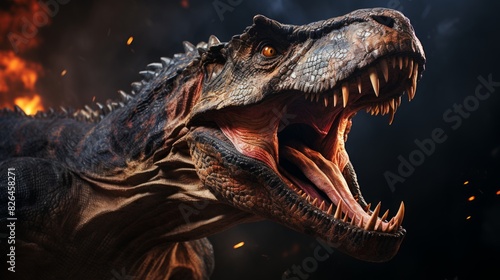 Dinosaur head with open mouth on dark background. © Darcraft