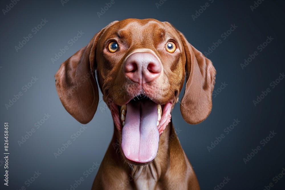 In a studio photo, a friendly dog is captured pulling a funny face, radiating charm and playfulness. This portrait perfectly captures the lovable and humorous nature of the dog. In a studio photo, a friendly dog is captured pulling a funny face, radiating charm and playfulness. This portrait perfectly captures the lovable and humorous nature of the dog.